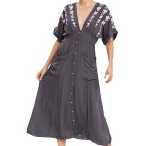 Gray Floral Embroidered Women's Dress